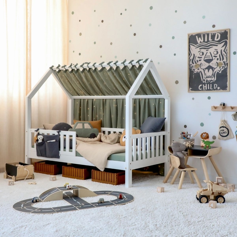 Kidsroom With House Bed &amp; Khaki Green Decor