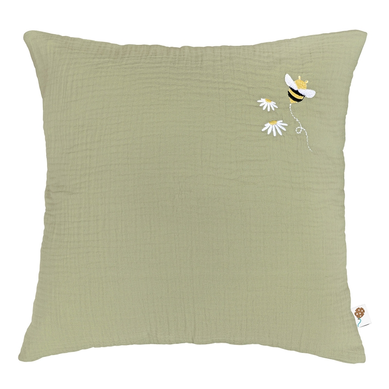 Organic Pillowcase &#039;Bee&#039; Embroidered Light Green 40x40cm