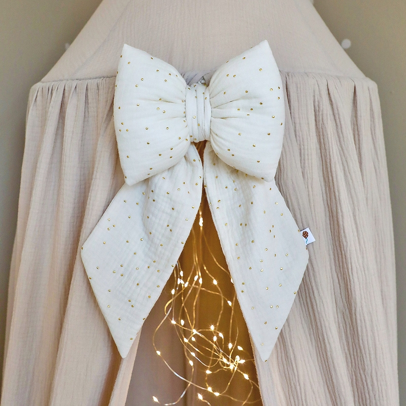 Decorative Bow &#039;Golden Dots&#039; Muslin Cream 30cm