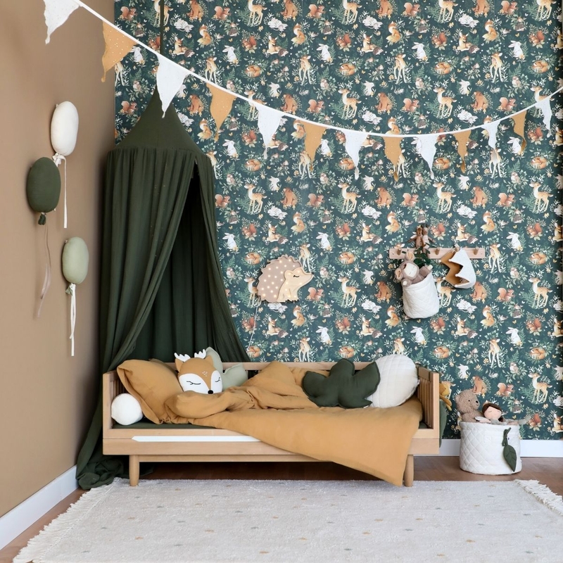 Forest-Kidsroom With Dark Green, Camel &amp; Cream Decor