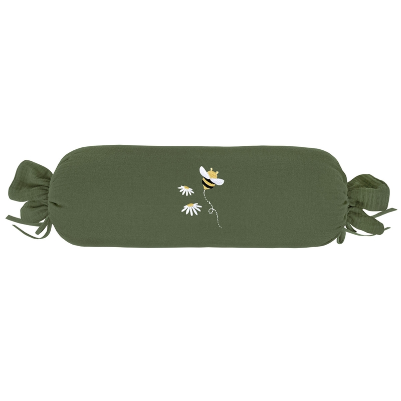 Pillow Roll &#039;Bee&#039; Dark Green Embroidered 40cm