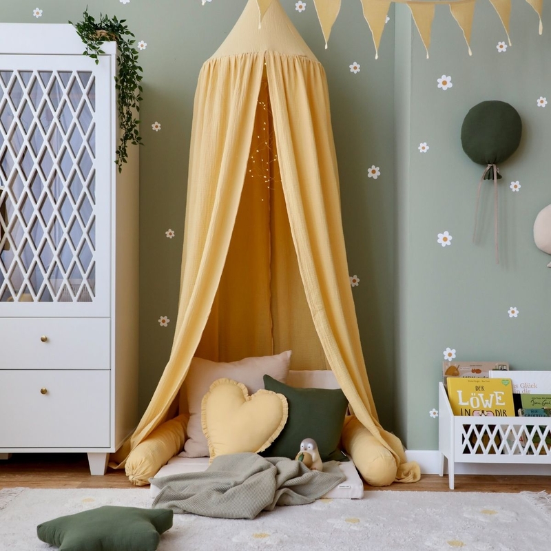 Playroom With Light Yellow Canopy &amp; Green Decor