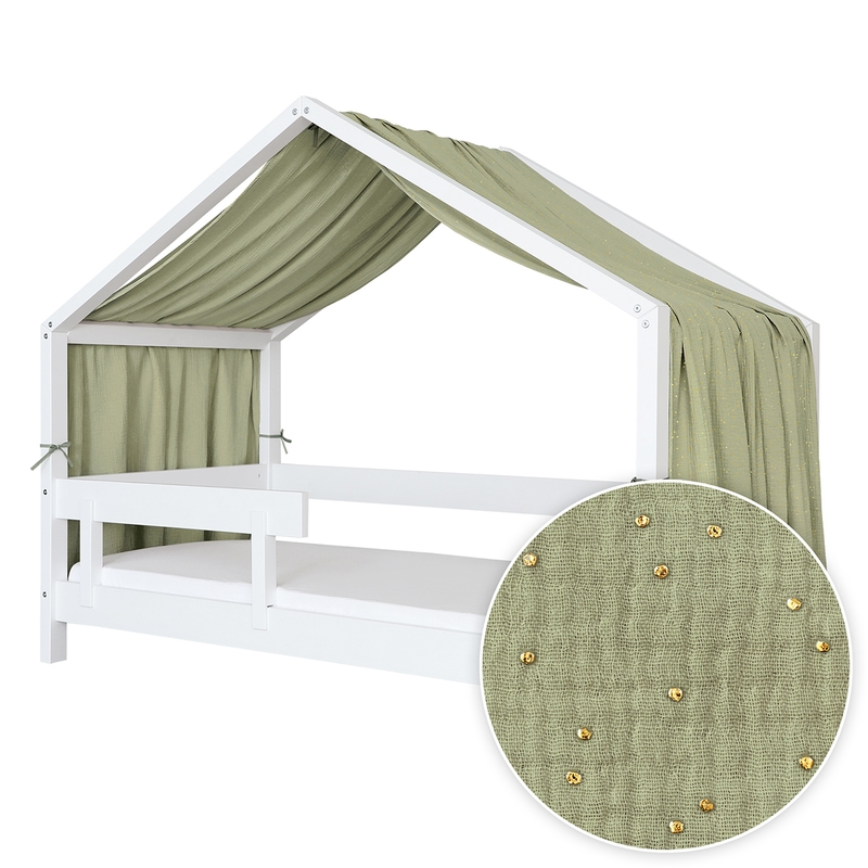 House Bed Canopy &#039;Golden Dots&#039; Muslin Light Green