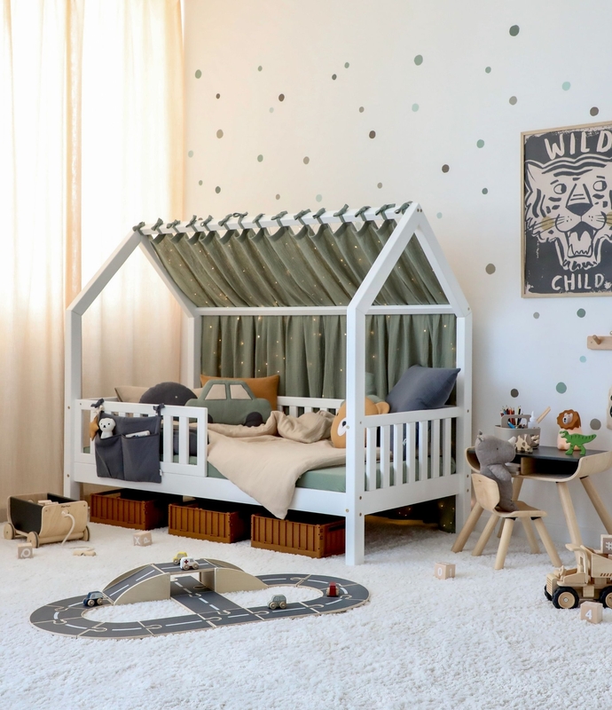 Kidsroom With House Bed &amp; Khaki Green Decor