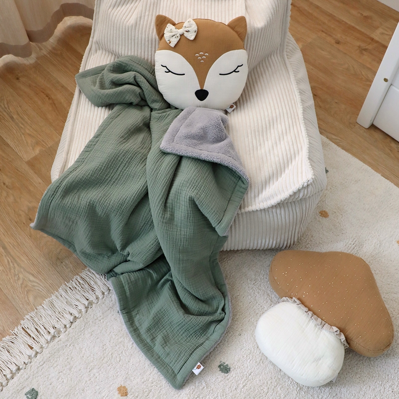 Children´s Blanket Muslin/Plush Khaki/Grey 80x100cm